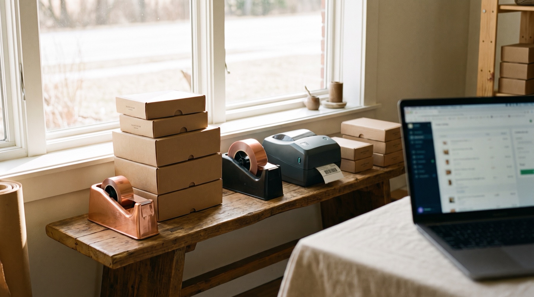 A small packing room with kraft boxes and a laptop